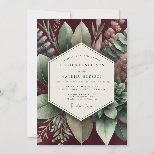 Burgundisk Botanisk Bröllopsdekor Inbjudningar (Framsida)
