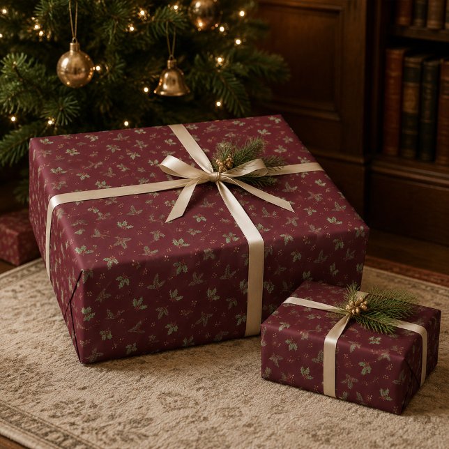 Burgundisk botanisk julpresentpapper presentpapper (Burgundy Botanical Christmas Wrapping Paper)