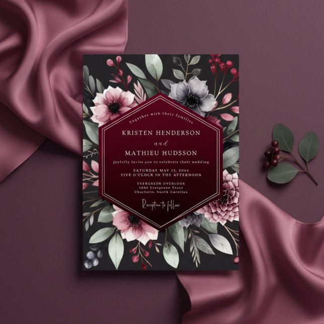 Burgundisk botanisk romantisk bröllop inbjudningar (Skapare uppladdad)