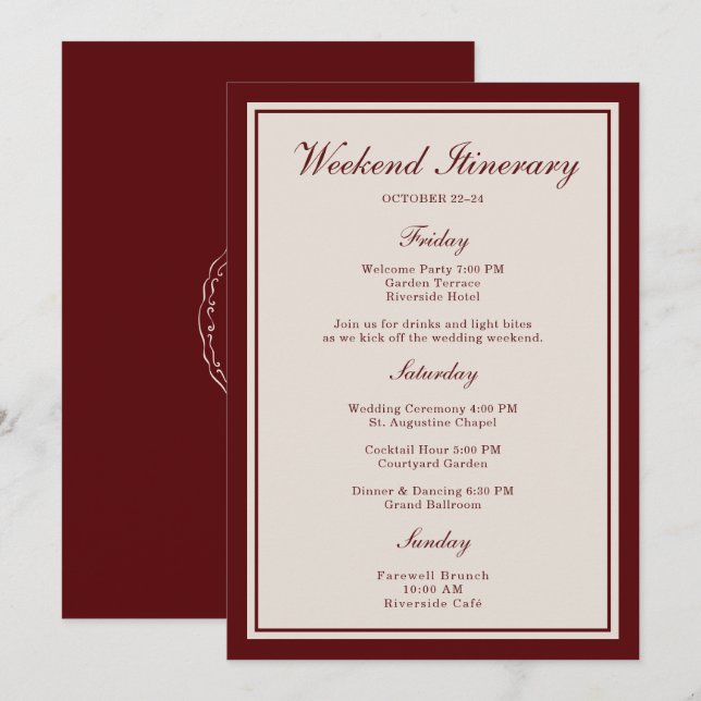 Burgundisk bröllopshelg Itinerary Card Inbjudningar (Fram/baksida)