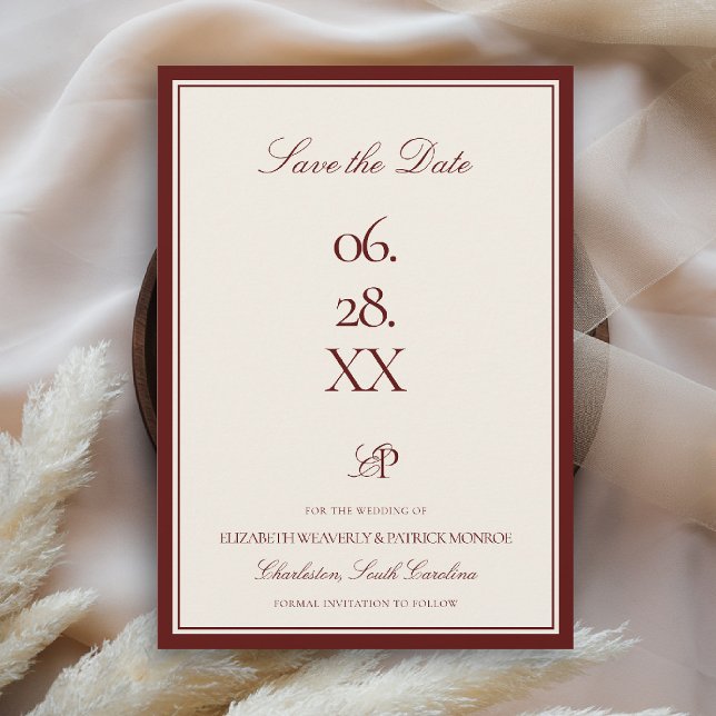 Burgundisk Bröllopsinbjudan med Modern Formell Sti Spara Datumet (deep burgundy wedding save the date quiet luxury old money double frame formal modern statement)