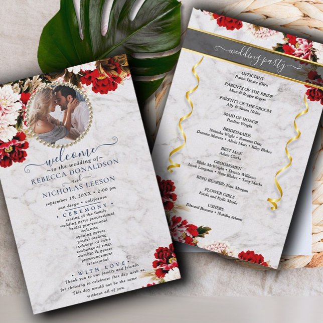 Burgundisk bukett med marmorbröllopsprogram (Skapare uppladdad)