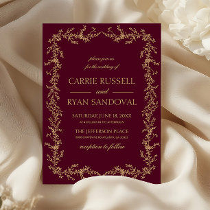 Burgundisk champagne handritad blomsterkant bröllo inbjudningar