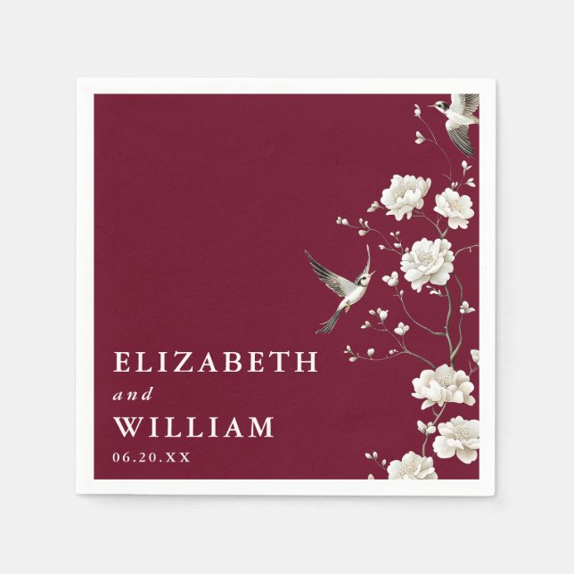 Burgundisk Chinoiserie Blommig Botanisk Bröllop Pappersservett (Framsidan)