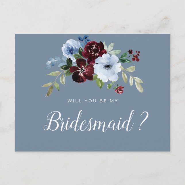 Burgundisk dammiga blått blir du mitt Bridesmaid-k Inbjudan Vykort (Framsida)