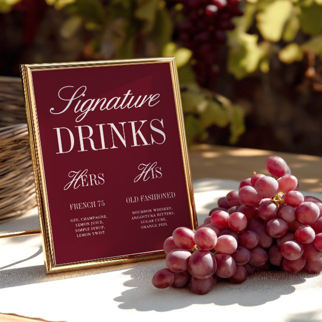 Burgundisk Elegant Signaturdrycker Bröllopsbarskyl (Burgundy Elegant Signature Drinks Wedding Bar Sign)