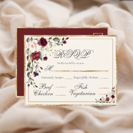Burgundisk eukalyptusblommig bröllops-RSVP Vykort