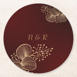 Burgundisk & Förgylld Blommig Elegant Bröllop Underlägg Papper Rund
