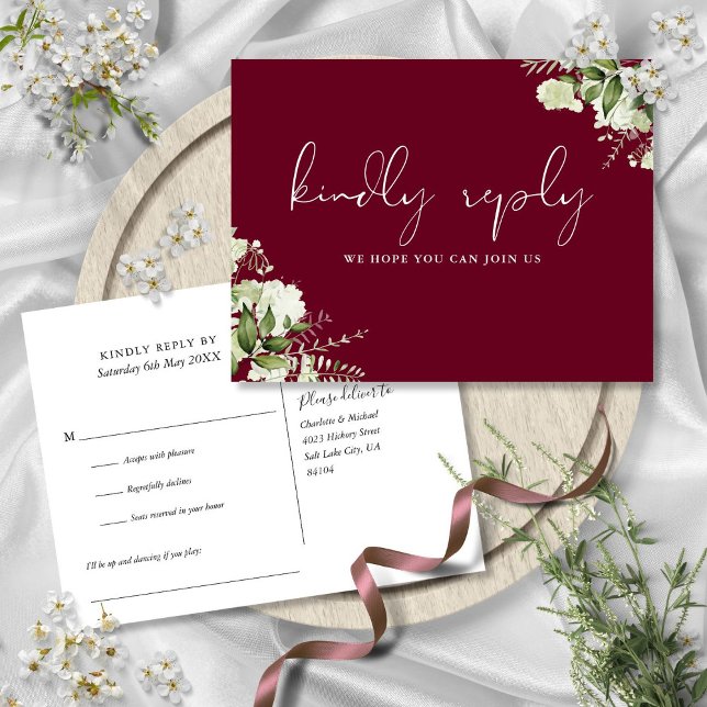 Burgundisk Grönska Sångförfrågan RSVP Postkort Inbjudan Vykort (Burgundy Greenery Song Request RSVP Postcard)