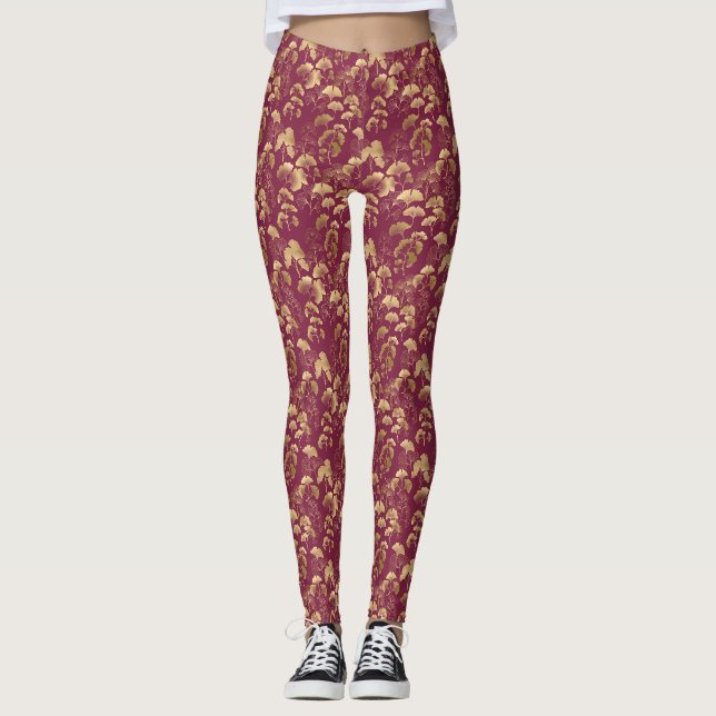 Burgundisk guldbladsmönster leggings (Framsida)