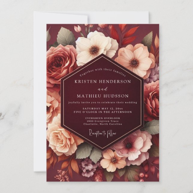 Burgundisk höstblommig romantisk bröllop inbjudningar (Framsida)
