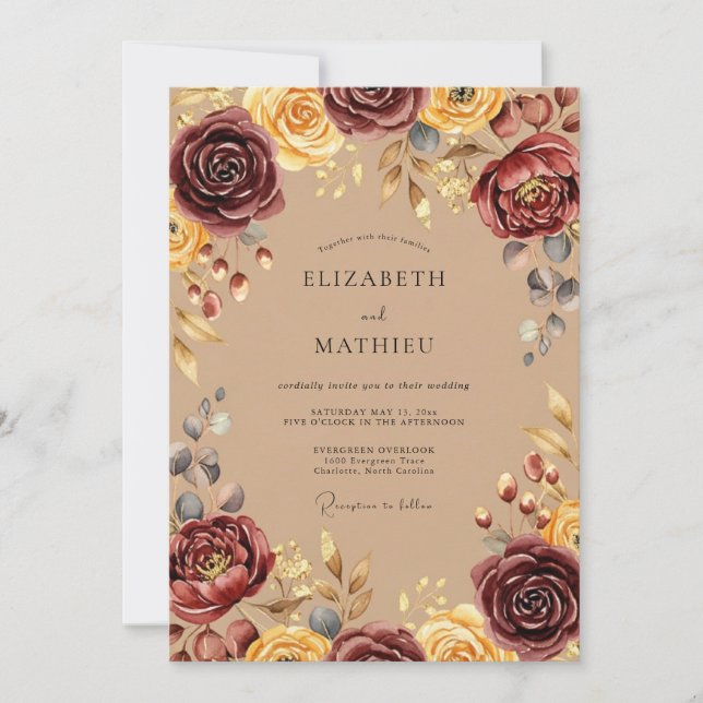 Burgundisk jordnära rustik höstlig bröllopsdekor inbjudningar (Framsida)