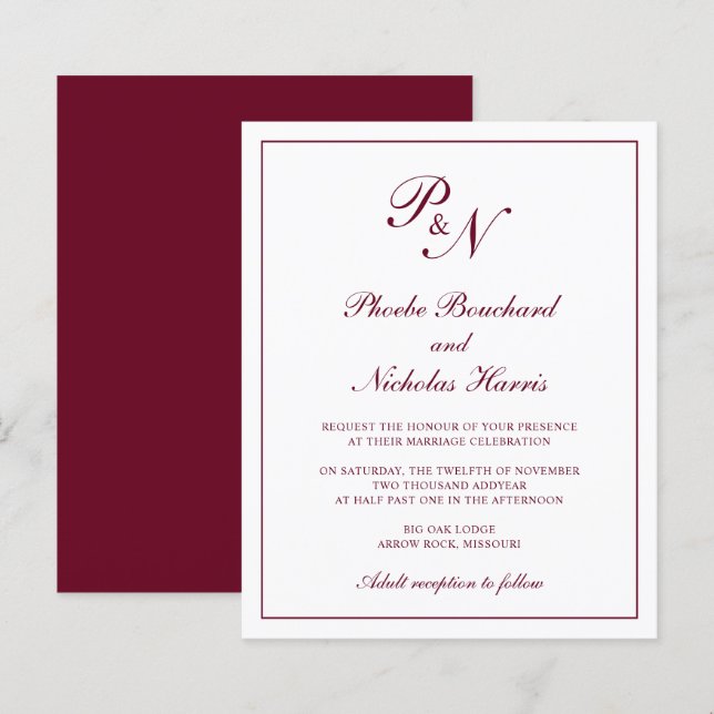 Burgundisk klassisk elegant budgetbröllopsinbjudan (Fram/baksida)