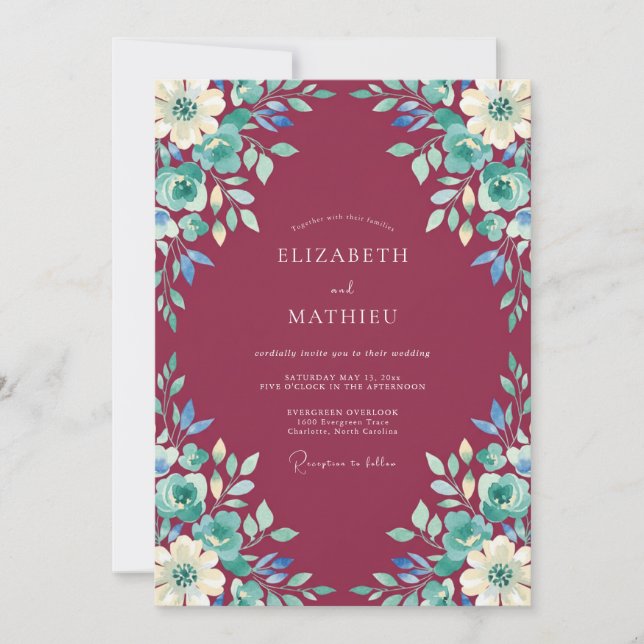 Burgundisk konstnärlig blomsterbröllop inbjudningar (Framsida)