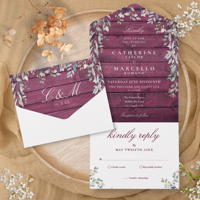 Burgundisk lada trä blomster grönska kaskad bröllo (Burgundy Barn Wood Floral Greenery Cascade Wedding All In One Invitation)