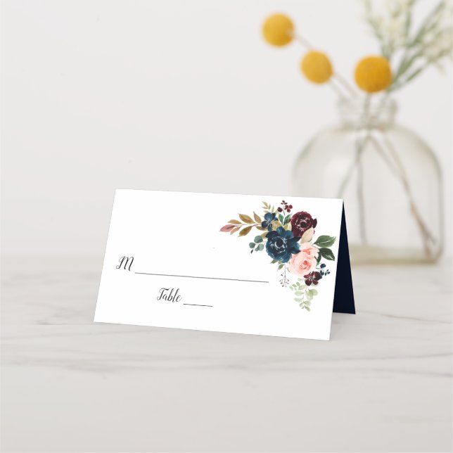 burgundisk, marinblå och  rosa blommigt bröllop placeringskort (Framsida)