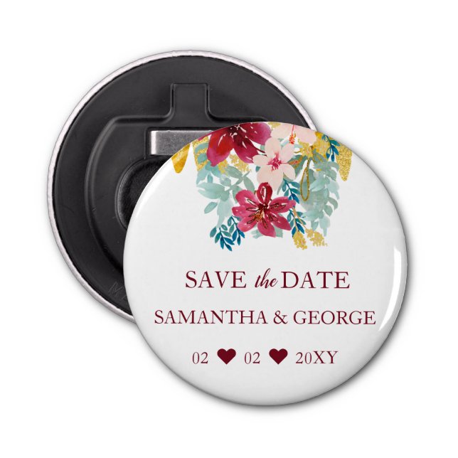 Burgundisk Marsala Guld Blommig Botanisk Bröllop Flasköppnare (Framsidan)