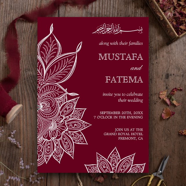 Burgundisk Mehendi Henna Islamisk Bröllop Inbjudningar (Skapare uppladdad)