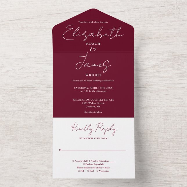Burgundisk minimalistisk elegant script bröllop (Insida)