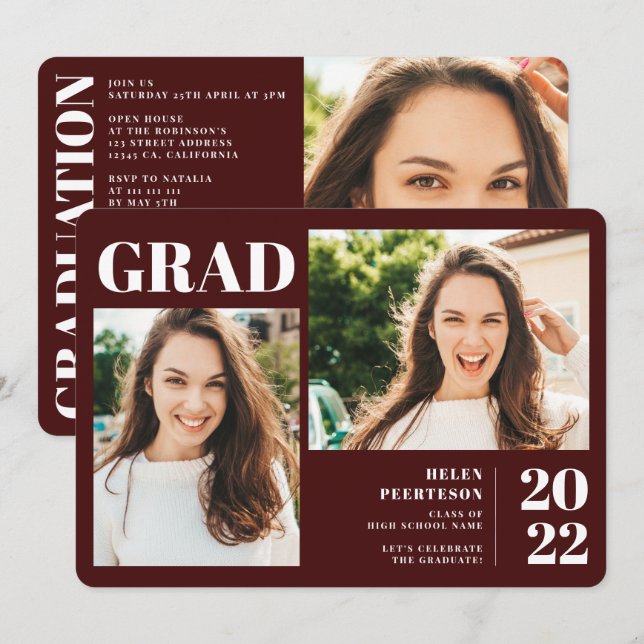 Burgundisk minimalistisk, modern 3 foton studenten inbjudningar (Fram/baksida)