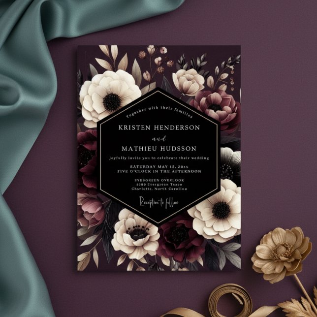 Burgundisk mörk blomromantisk bröllopsfest inbjudningar (Skapare uppladdad)