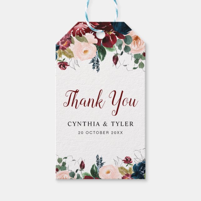 burgundisk och  blommigt bröllop presentetikett (Framsidan)