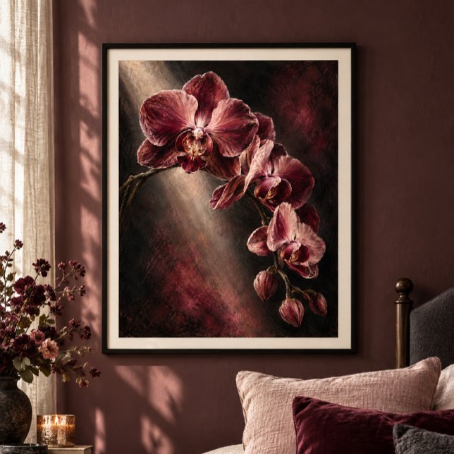 Burgundisk Orchidé Teater Konsttryck Poster (Styled display of Burgundy Orchid Theatre Art Print. Frame, mat and furnishings shown for illustration; select framing options separately.)