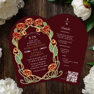 Burgundisk Peony Art Nouveau Bröllops QR-båge Inbjudningar
