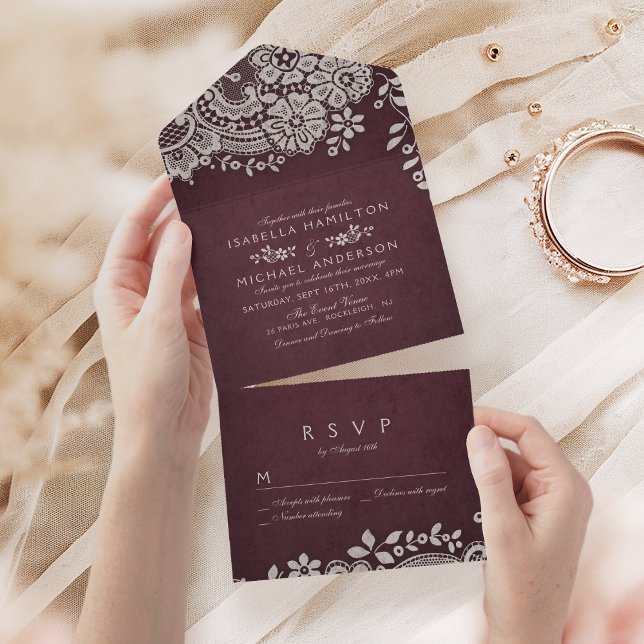 Burgundisk röd elegant vintage snöre bröllop (Burgundy red elegant vintage lace wedding all in one invitation)