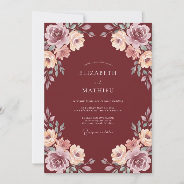 Burgundisk Romantisk Bröllopsfest Inbjudningar (Framsida)