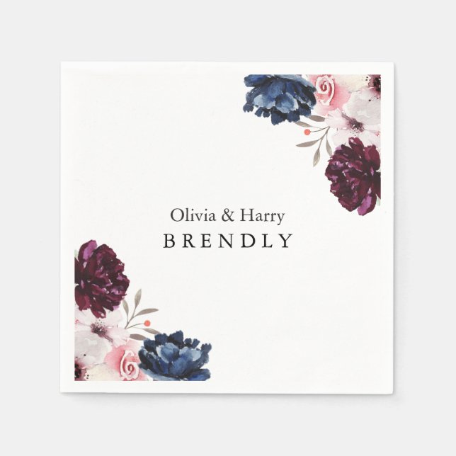 Burgundisk rosaktig elegant blomsterbröllop pappersservett (Framsidan)