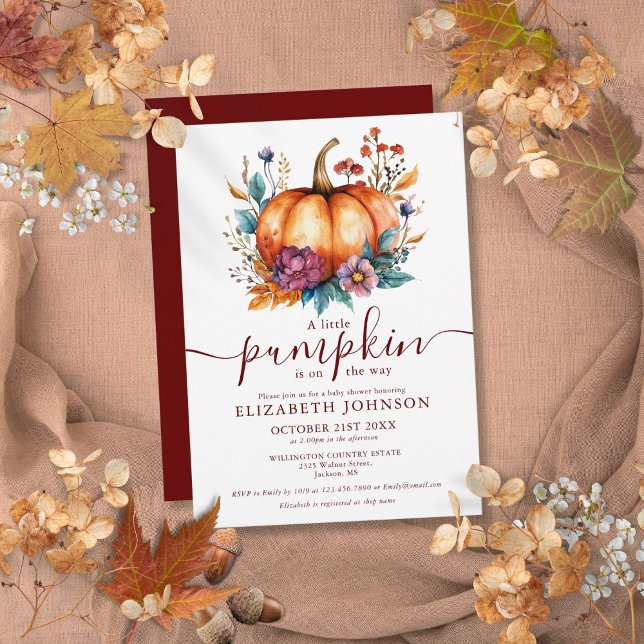 Burgundisk rustik höst liten pumpa baby shower inbjudningar (Burgundy Rustic Fall Little Pumpkin Baby Shower Invitation)