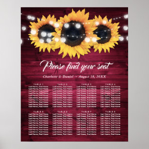Burgundisk Rustik Solros Bröllops Sittplatskarta 8 Poster