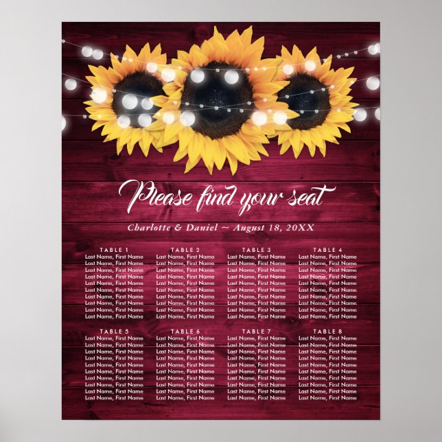 Burgundisk Rustik Solros Bröllops Sittplatskarta 8 Poster (Framsidan)