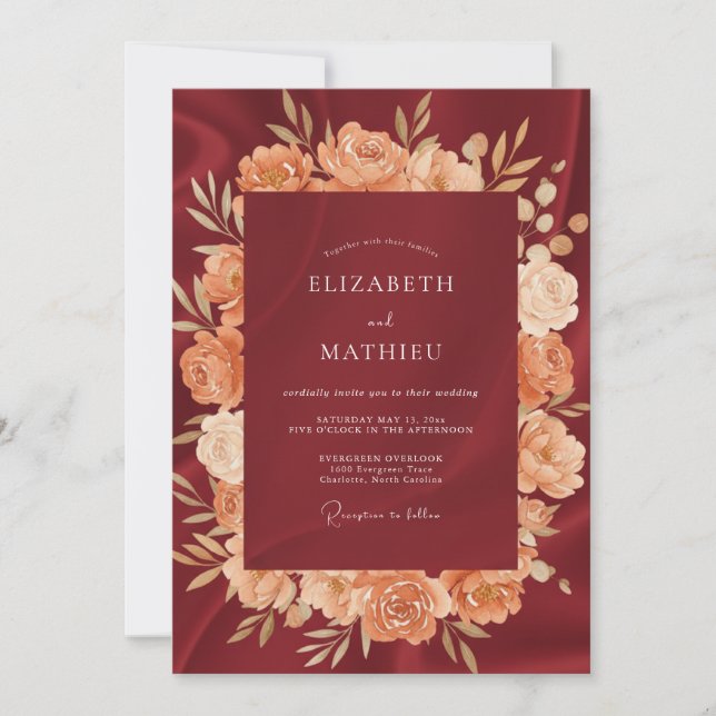 Burgundisk Siden Höstbröllop Inbjudningar (Framsida)