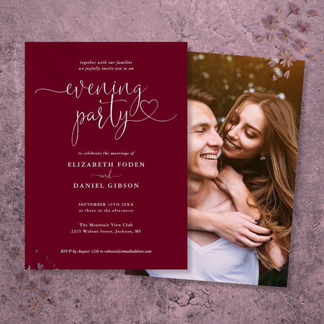 Burgundisk skriptfoto bröllop kväll fest inbjudningar (Burgundy Script Photo Wedding Evening Party Invitation)