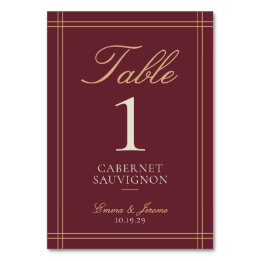 Burgundisk vingårdbröllop Cabernet Sauvignon bord Bordsnummer
