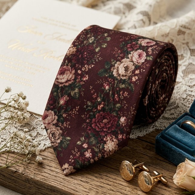 Burgundisk Vintage Blommig Bröllop Slips (Skapare uppladdad)