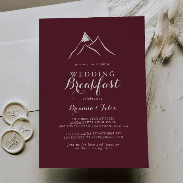 Burgundisk vit mountain wedding frukost inbjudningar (Skapare uppladdad)