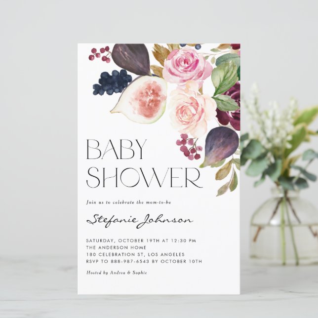 Burgundiska blommor och fikon baby shower-inbjudan (Stående Fram)
