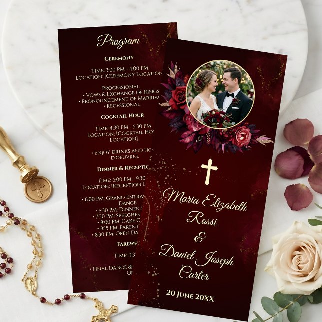 Burgundiskt blomstergudstjänstprogram för katolskt program (Burgundy Floral Catholic Wedding Program)