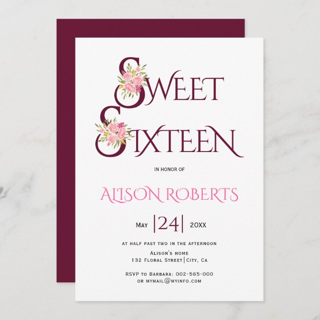 Burgundröd typografi, rosa ros sweet sixteen inbjudningar (Fram/baksida)