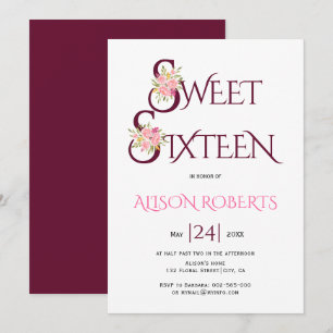 Burgundröd typografi, rosa ros sweet sixteen inbjudningar