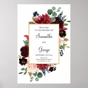  burgundsflotta blommigt bröllop välkomstskylt poster