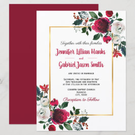 Burgundska vattenfärgen ro blommigt guld ram bröll inbjudningar