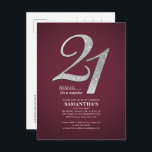Burgundy 21:a födelsedagsdotter Glitter Inbjudan Vykort<br><div class="desc">Skapa din egen moderna burgundi-överraskning på 21:a födelsedag med dina party-detaljer om burgundisk bakgrund och populärt typsnitt som du enkelt kan ändra genom att klicka på knappen "Anpassa"</div>
