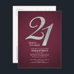 Burgundy 21:a födelsedagsdotter Glitter Inbjudan Vykort<br><div class="desc">Skapa din egen moderna burgundi-överraskning på 21:a födelsedag med dina party-detaljer om burgundisk bakgrund och populärt typsnitt som du enkelt kan ändra genom att klicka på knappen "Anpassa"</div>