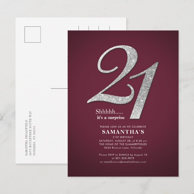 Burgundy 21:a födelsedagsdotter Glitter Inbjudan Vykort (Fram/baksida)