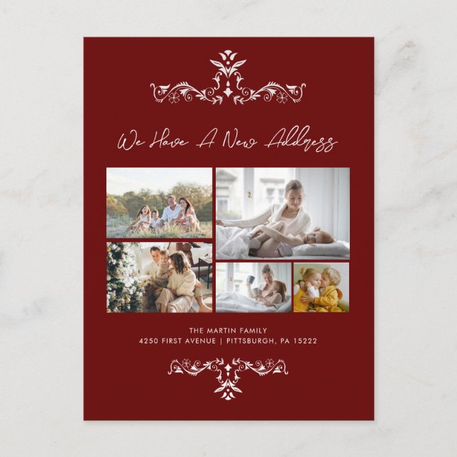 Burgundy 5 Foton Ornate Flytta-meddelande Vykort (Framsida)