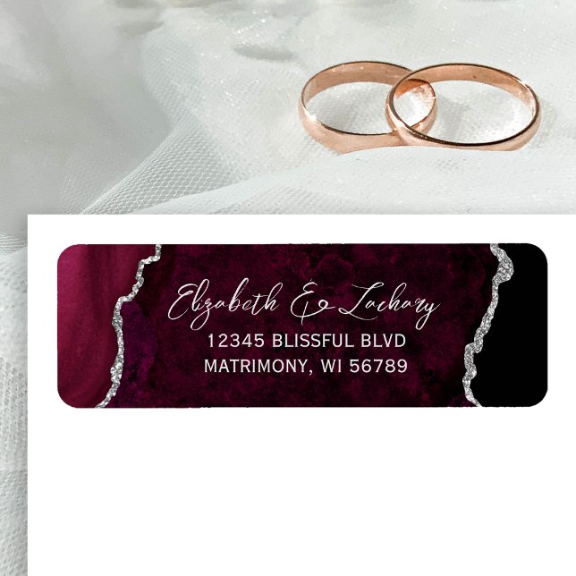 Burgundy Agat Silver Bröllop Returadress Etikett (Skapare uppladdad)